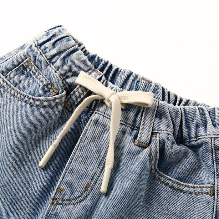 Little Big Boys Denim Shorts,Elastic Waist with Drawstring Adjustable Jeans Summer Wear