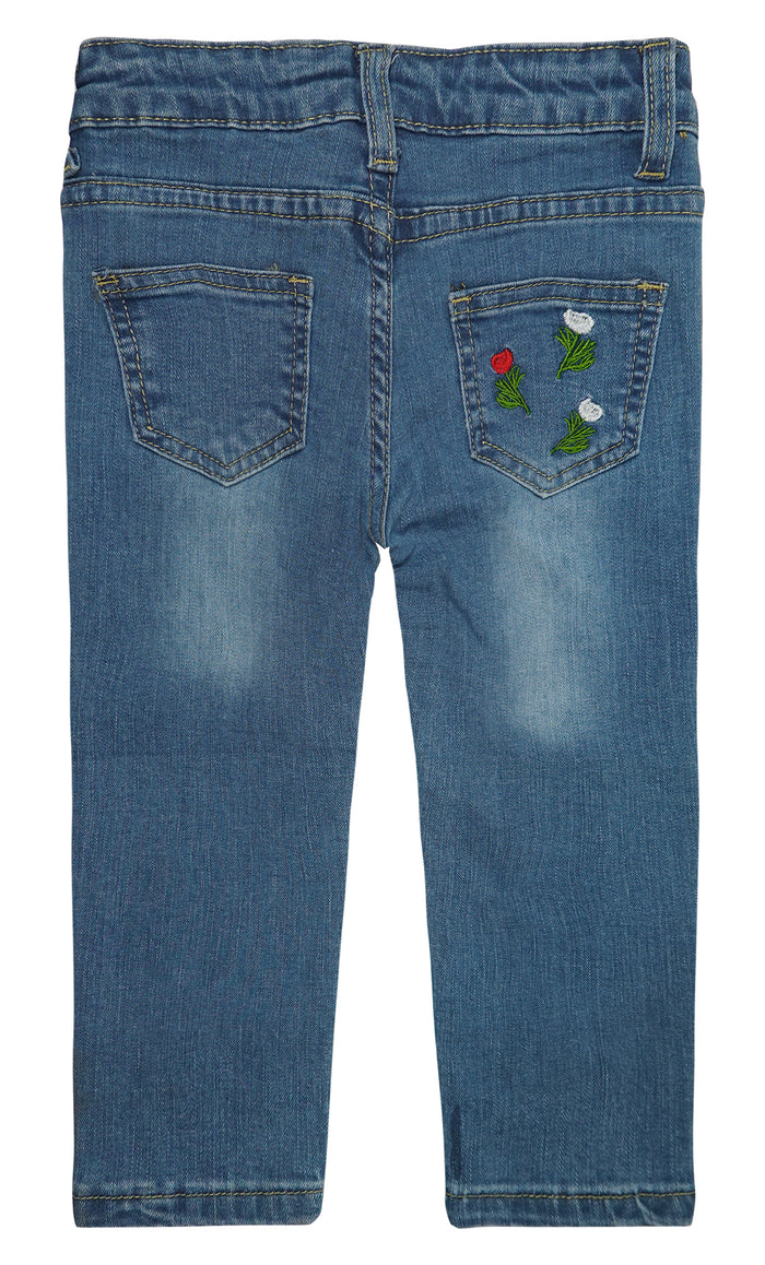 Little Girls Elastic Band Embroidered Ripped Stretchy Soft Denim Slim Jeans