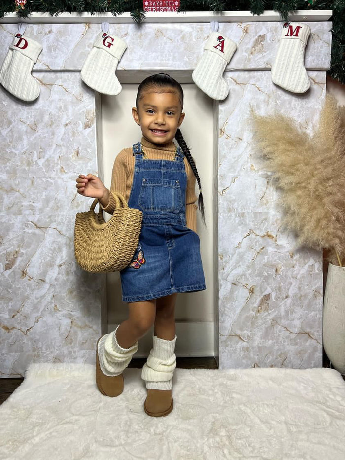 Little Girls Flower Butterfly Embroidered Jean Overall Dress