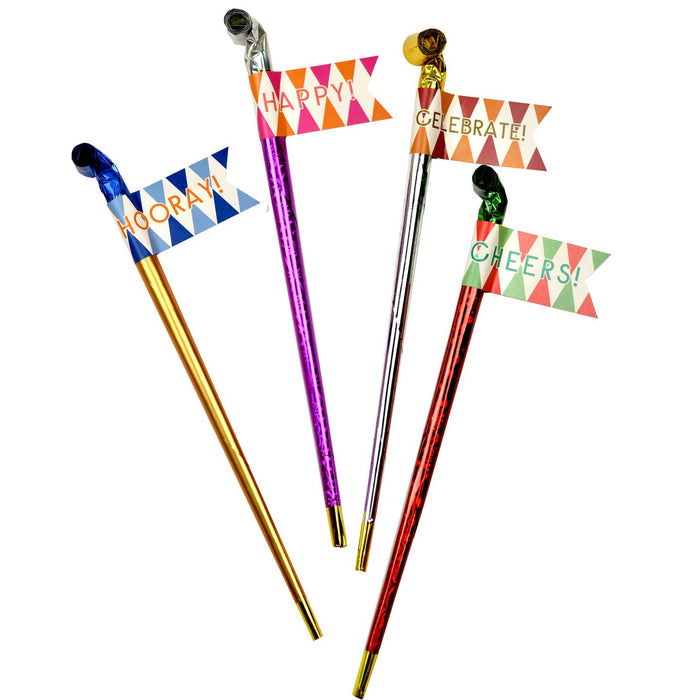 Long 12" Stem Party Blowers Bouquet with Pennants, Set of 4