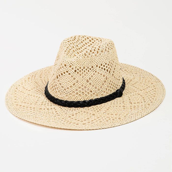 Loose weave braid band sun hat by Collections by Fame Accessories featuring a wide brim and breathable woven design.