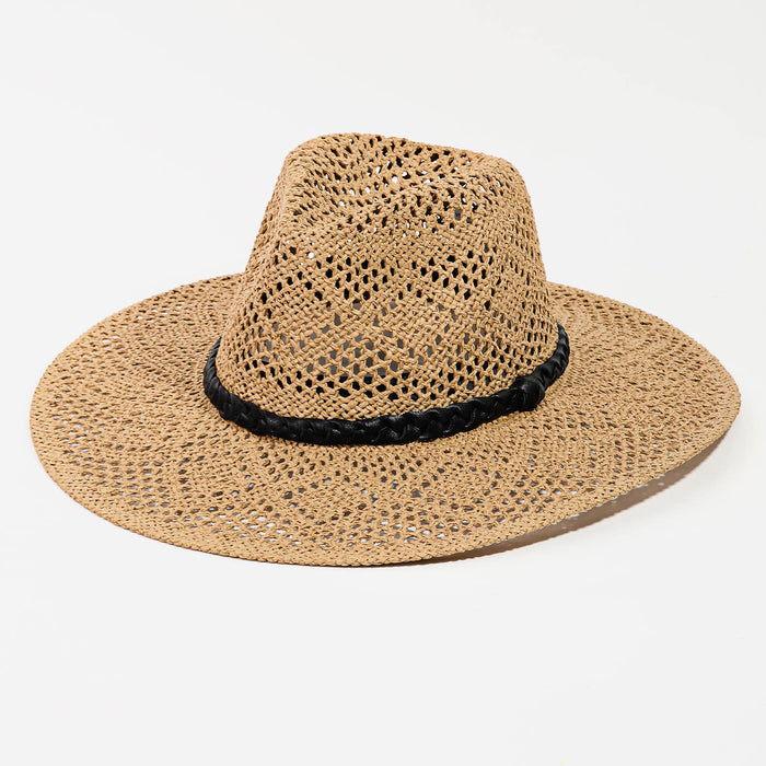 Loose weave braid band sun hat by Collections by Fame Accessories, featuring breathable straw-like material and wide brim for sun protection.