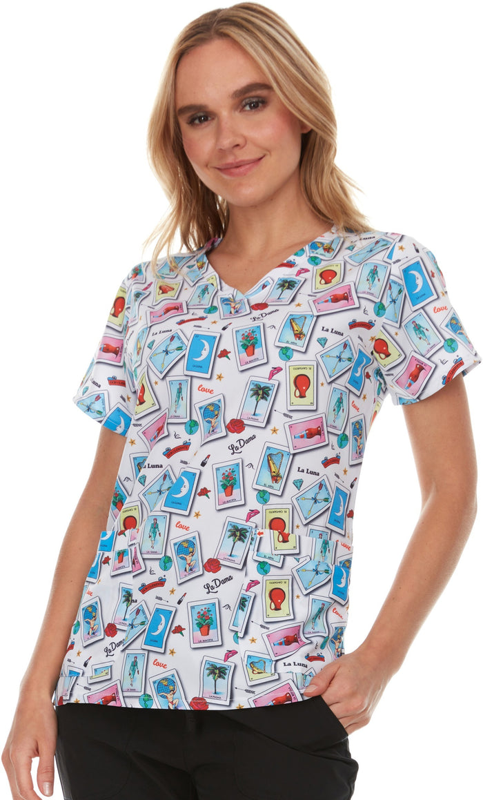 Loteria Don Clemente Isabella La Dama Printed V-Neck Scrub Top