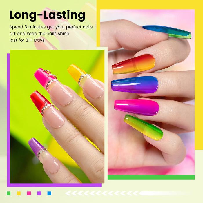Long-lasting 21+ days valentine neon jelly gel polish on coffin nails showing gradient ombre effect perfect for Valentine's Day