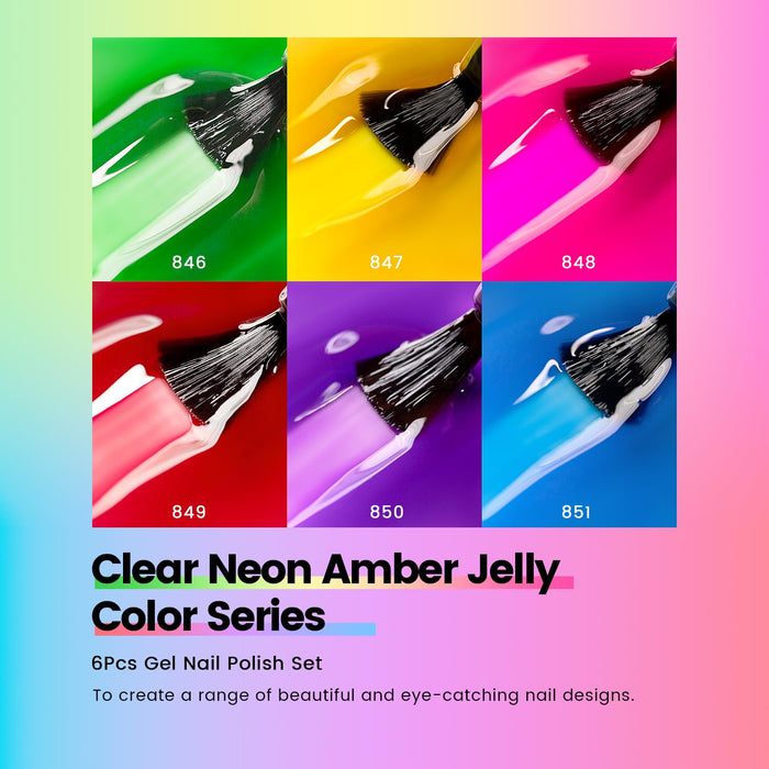 Valentine neon jelly gel polish set 846-851 showing 6 translucent vibrant colors in green yellow pink red purple blue for Valentine's Day