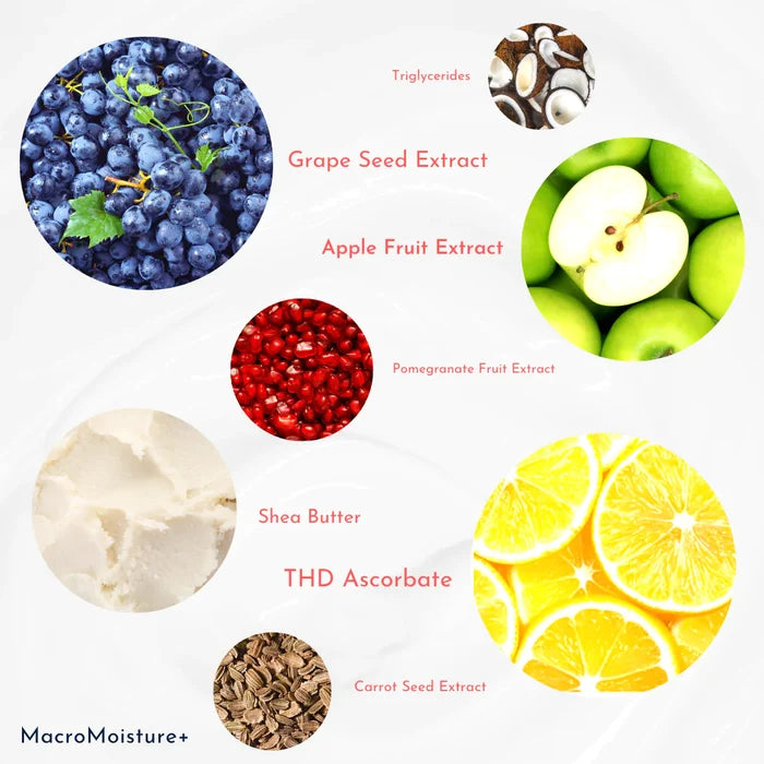 MacroMoisture+ is infused with Vitamins C, E and extracts of pomegranate, grape and carrot seed for the ultimate antioxidant protection. A powerful peptide complex combats the appearance of skin aging. Helps firm and increase skin resilience with bio-stimulating botanicals that help trigger collagen production.