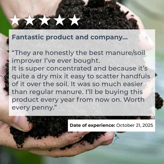 Snippet of a 5 star Trust pilot customer review explaining how great the product is, overlayed on photo of hands holding it.