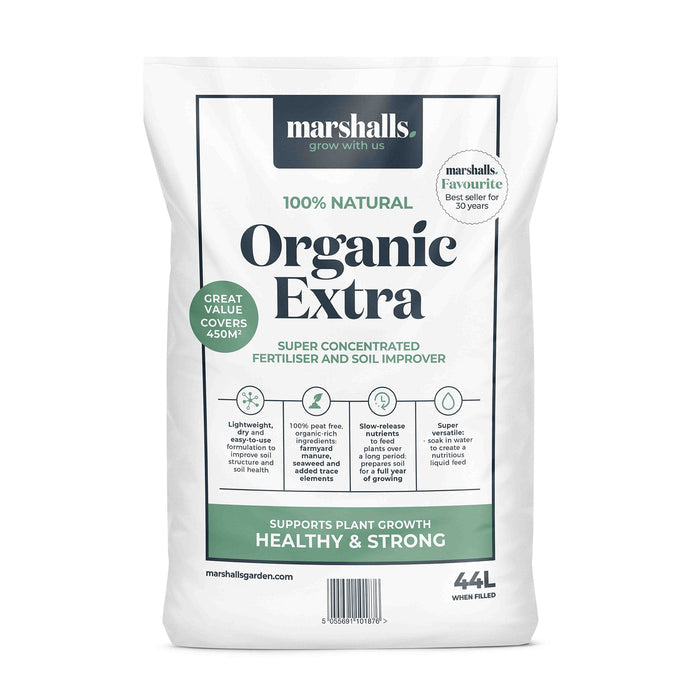 Sack of Organic Extra Super Concentrated fertiliser and soil improver on a white background.