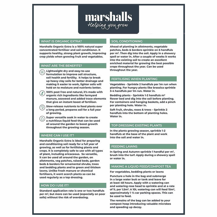 comprehensive information from the back of the organic extra pack explaining its benefits, how to use and where to use o a white background.