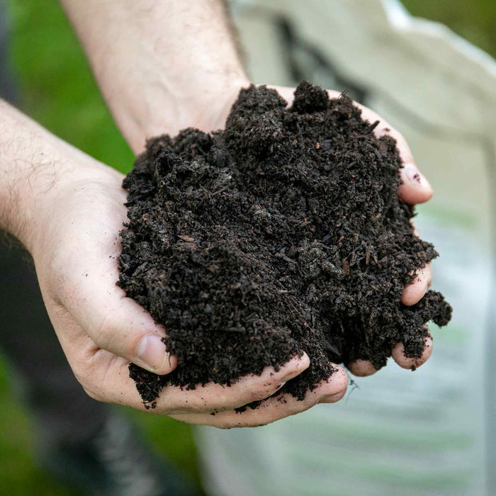 Hands holding a handful of dark organic extra with sack in background.