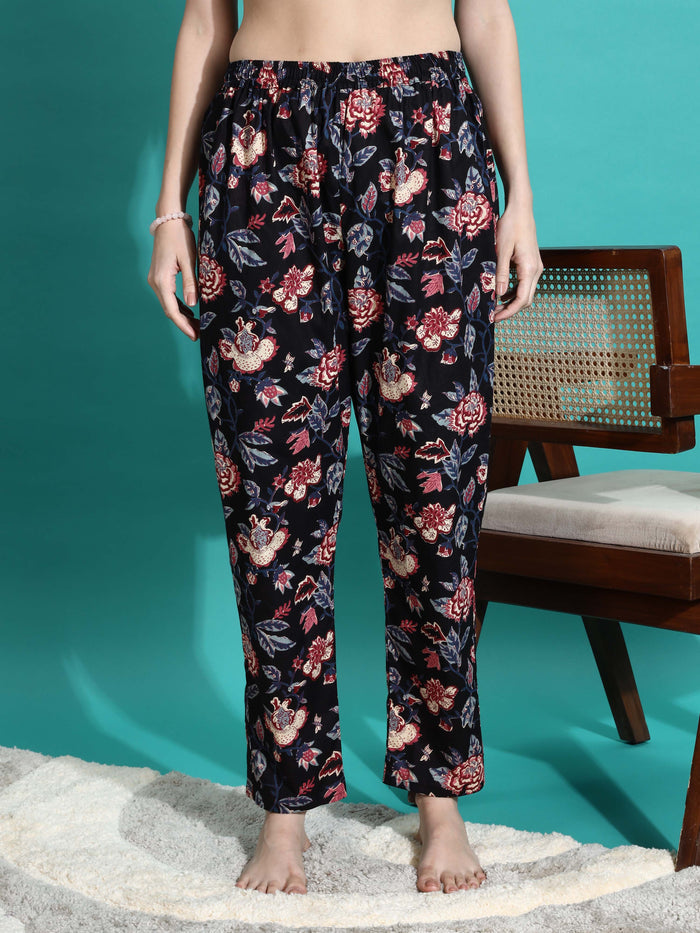 Chic Midnight Black Printed Cotton Pajama Set for Women