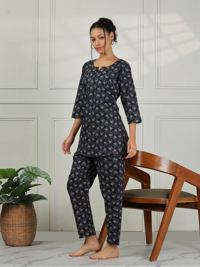 Midnight Blue Cozy Cotton Pajama Set for Women