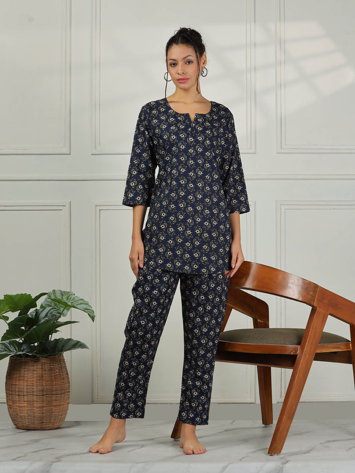 Midnight Blue Cozy Cotton Pajama Set for Women