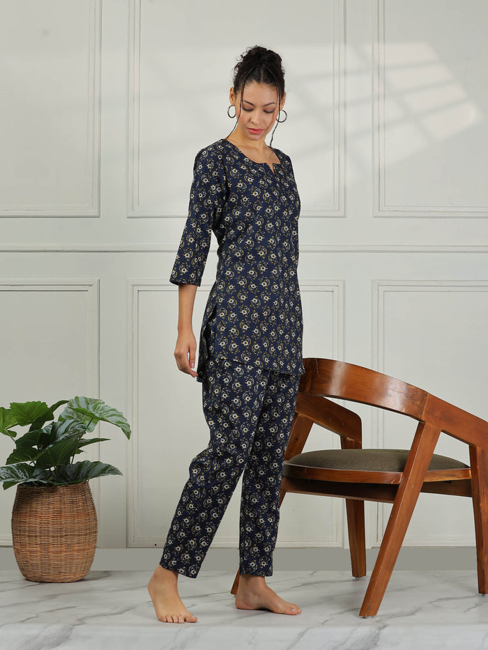 Midnight Blue Cozy Cotton Pajama Set for Women