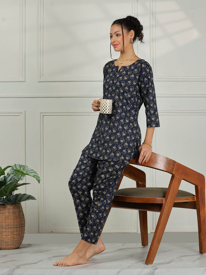Midnight Blue Cozy Cotton Pajama Set for Women