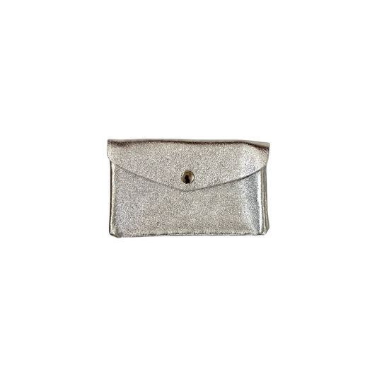 Metallic leather mini wallet with front flap and round button closure