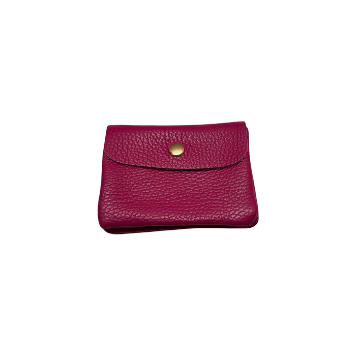 Magenta pebble-leather mini wallet with curved snap flap and gold-tone clasp