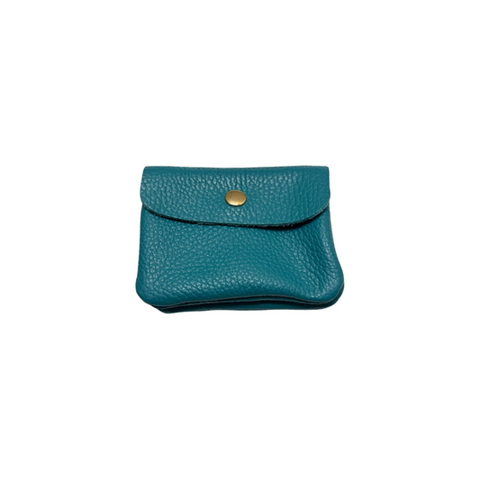 Turquoise pebbled leather mini wallet with front flap and brass snap