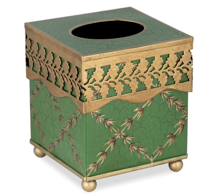 Moss Green and Gold Leaf Tissue Holder or Wastepaper Basket by The Enchanted Home