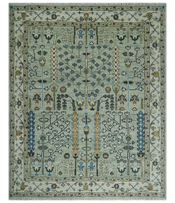 Moss Green and Ivory Tree of life Hand Knotted Wool Rug
