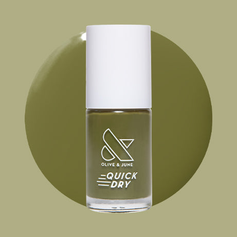 Olive and June Mossy quick dry gel polish bottle with fresh grassy green shade on neutral background