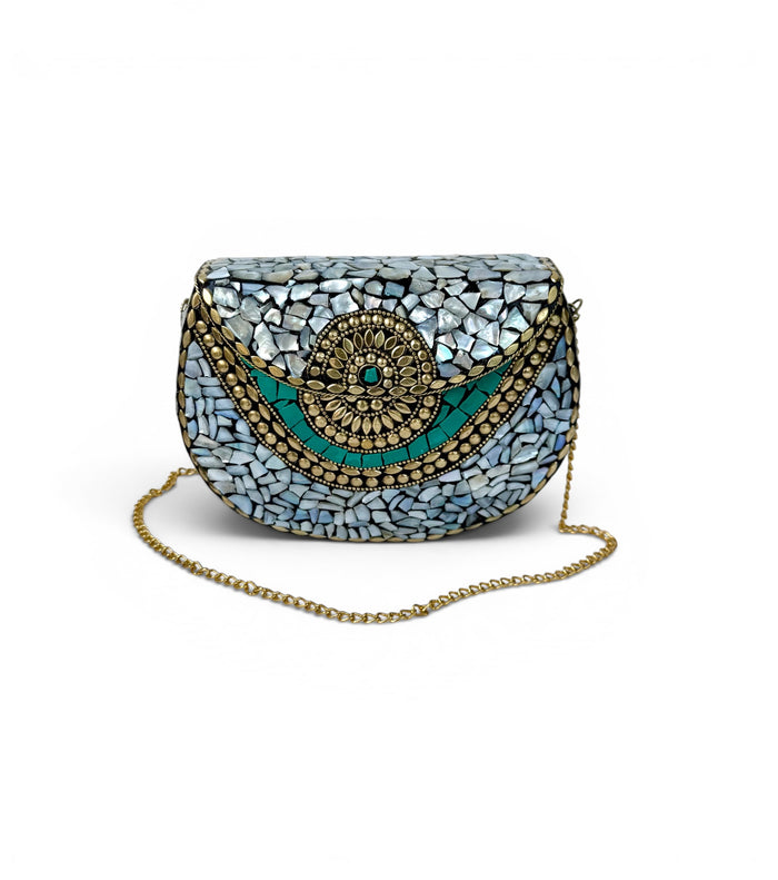 Mother-of-Pearl Clutch with Turquoise Details and Gold Chain