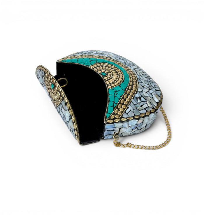 Mother-of-Pearl Clutch with Turquoise Details and Gold Chain