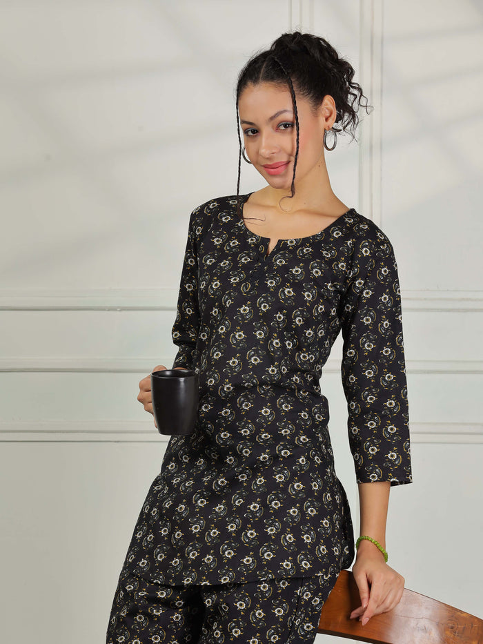 Soft Chic Nature Black Cotton Pajama Set for Women