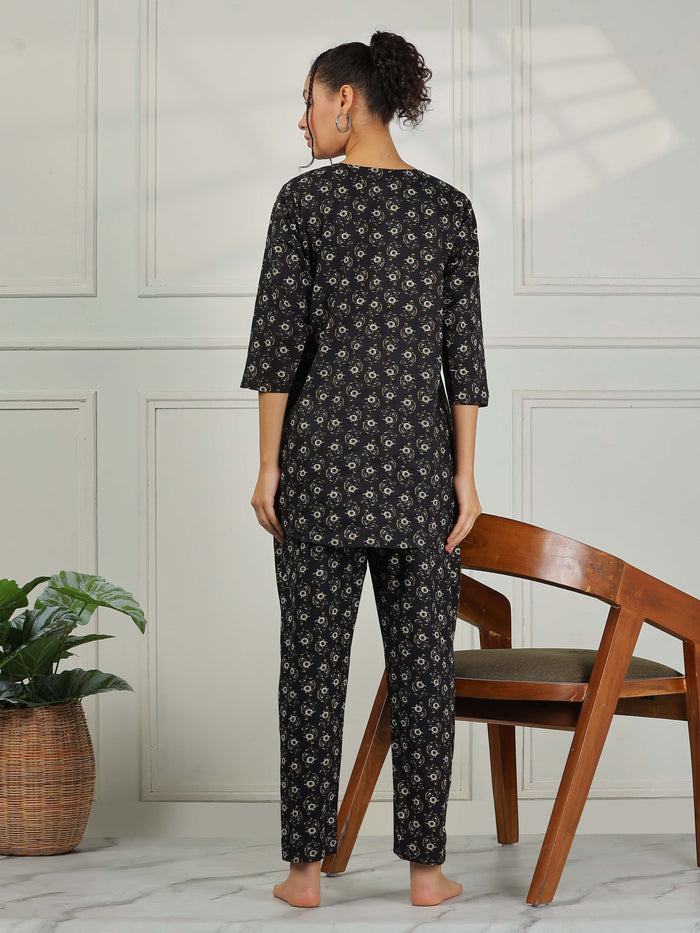 Soft Chic Nature Black Cotton Pajama Set for Women