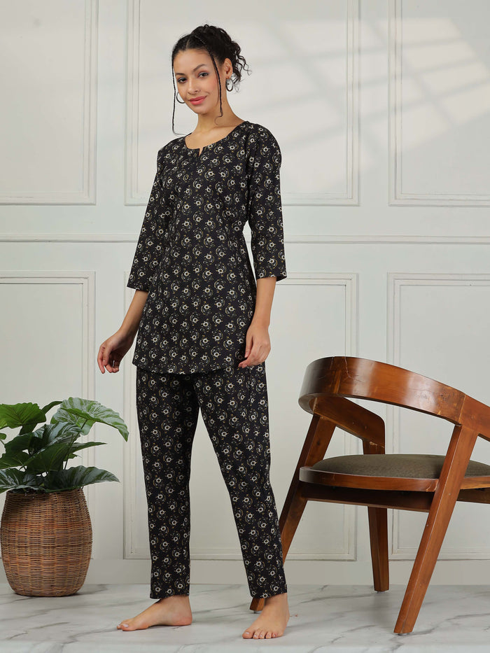 Soft Chic Nature Black Cotton Pajama Set for Women