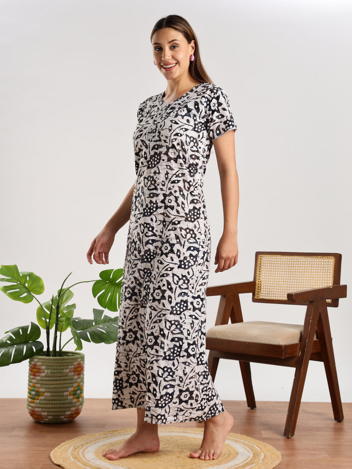 Navy Blue Batik Print Cotton Nighty for Women