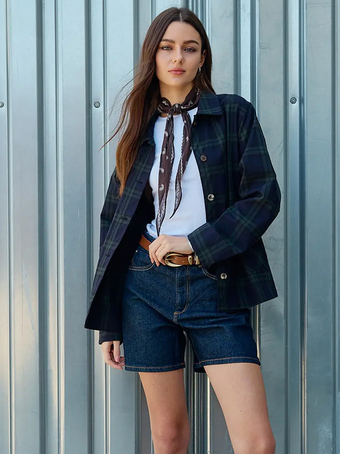 NAVY PLAID BUTTON FRONT POCKET JACKET - NAVY GREEN PLAID JACKETS OAK CLOTHING CO.