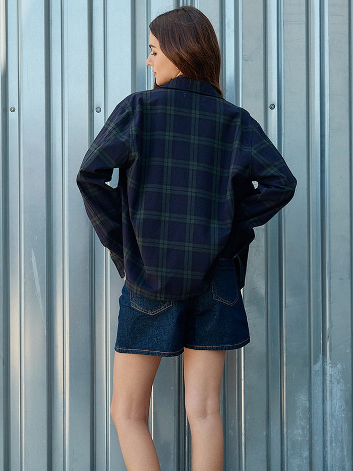 NAVY PLAID BUTTON FRONT POCKET JACKET - NAVY GREEN PLAID JACKETS OAK CLOTHING CO.