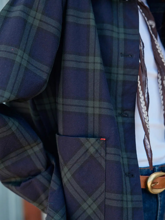 NAVY PLAID BUTTON FRONT POCKET JACKET - NAVY GREEN PLAID JACKETS OAK CLOTHING CO.