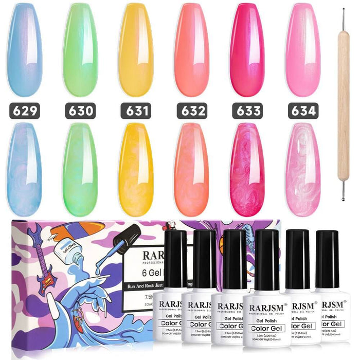 Neon Rainbow Series 2-in-1 Thread pearl gel nail polish 6 Colors Set 7.5ml