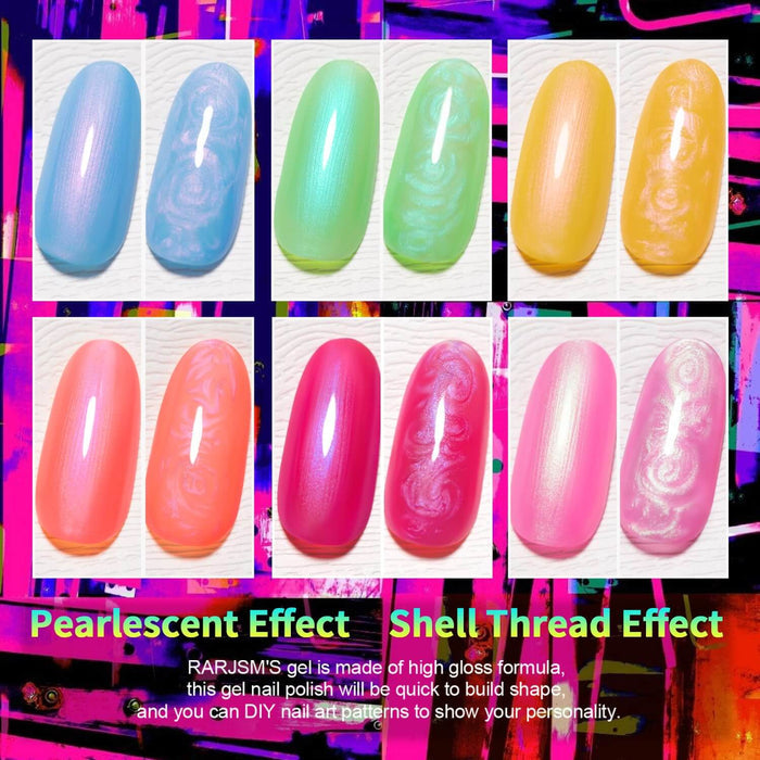 Neon Rainbow Series 2-in-1 Thread pearl gel nail polish 6 Colors Set 7.5ml