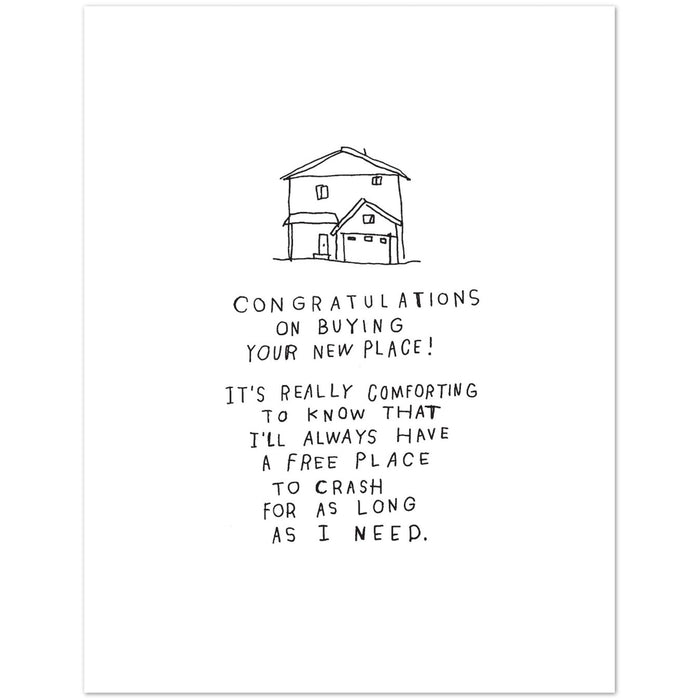 House-themed greeting card with line-art roof and text "Congratulations on buying your new place"