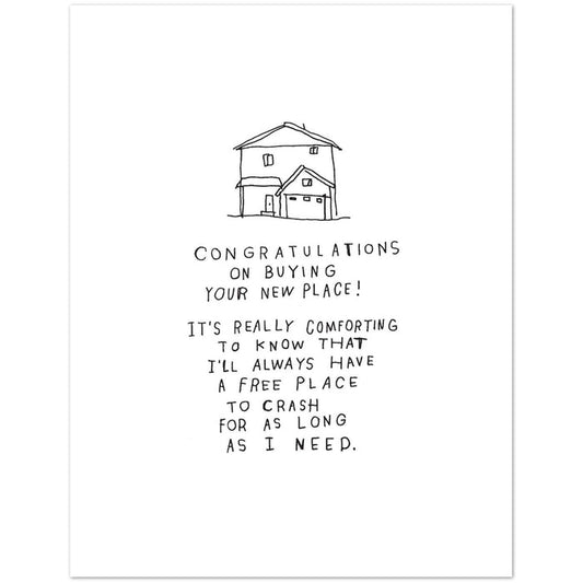 House-themed greeting card with line-art roof and text "Congratulations on buying your new place"