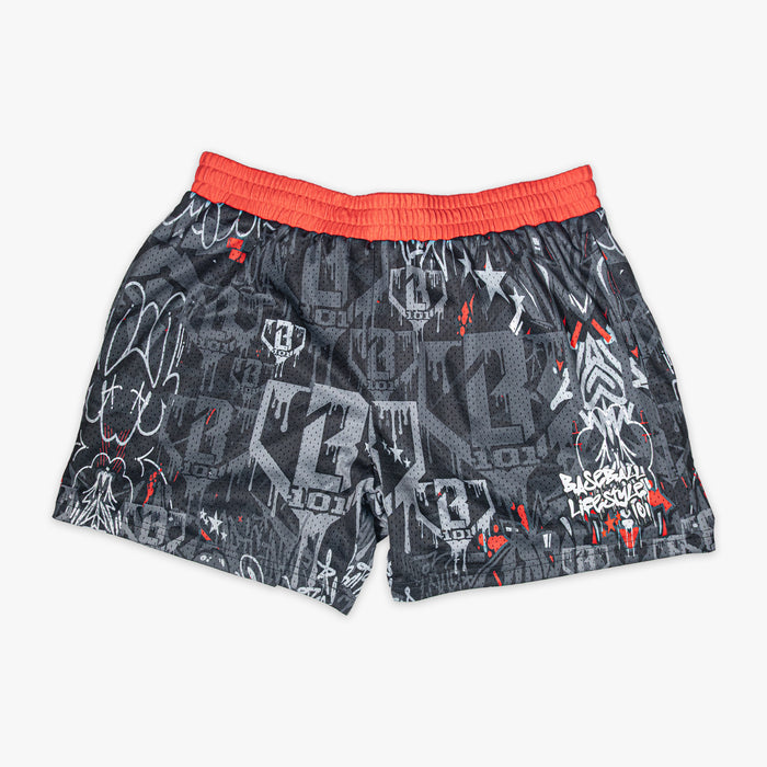 Gray youth shorts with “Night Game Drip” design — front view