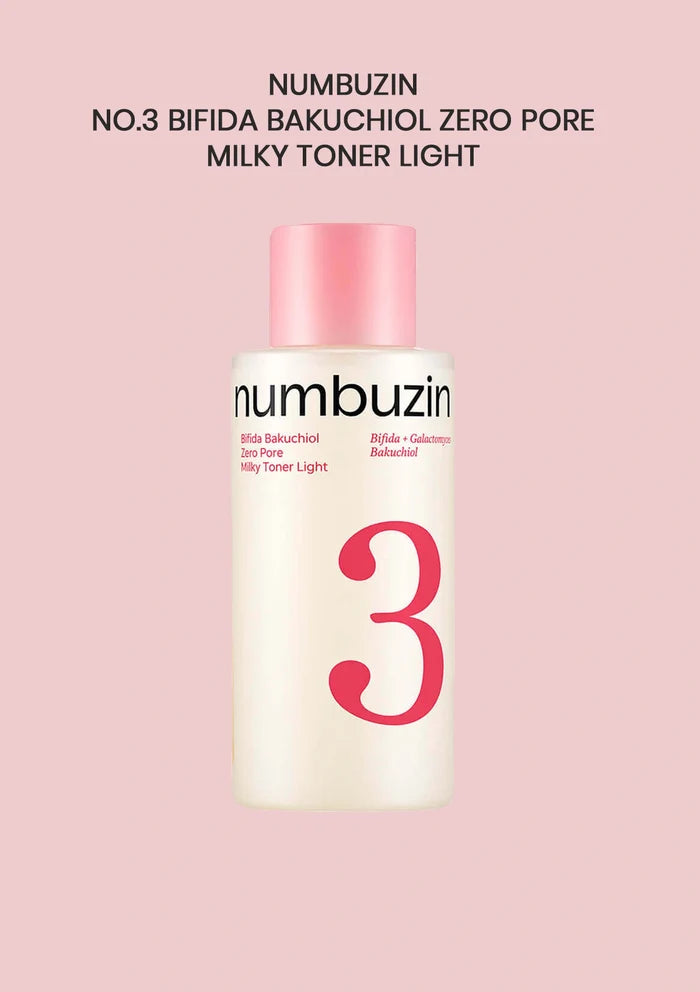 Numbuzin No.3 Bifida Bakuchiol Zero Pore Milky Toner Light bottle on a pink background