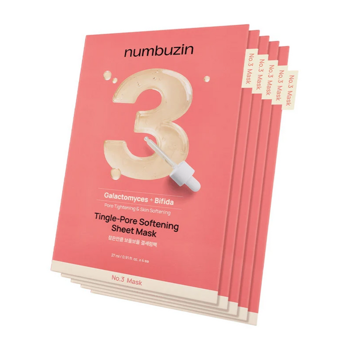 A stack of six Numbuzin Tingle-Pore Softening Sheet Masks, featuring coral pink packaging with a large beige number 3 and dropper graphic.