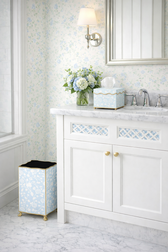 Pale Blue Spring Floral Tissue Holder or Wastepaper Basket by The Enchanted Home