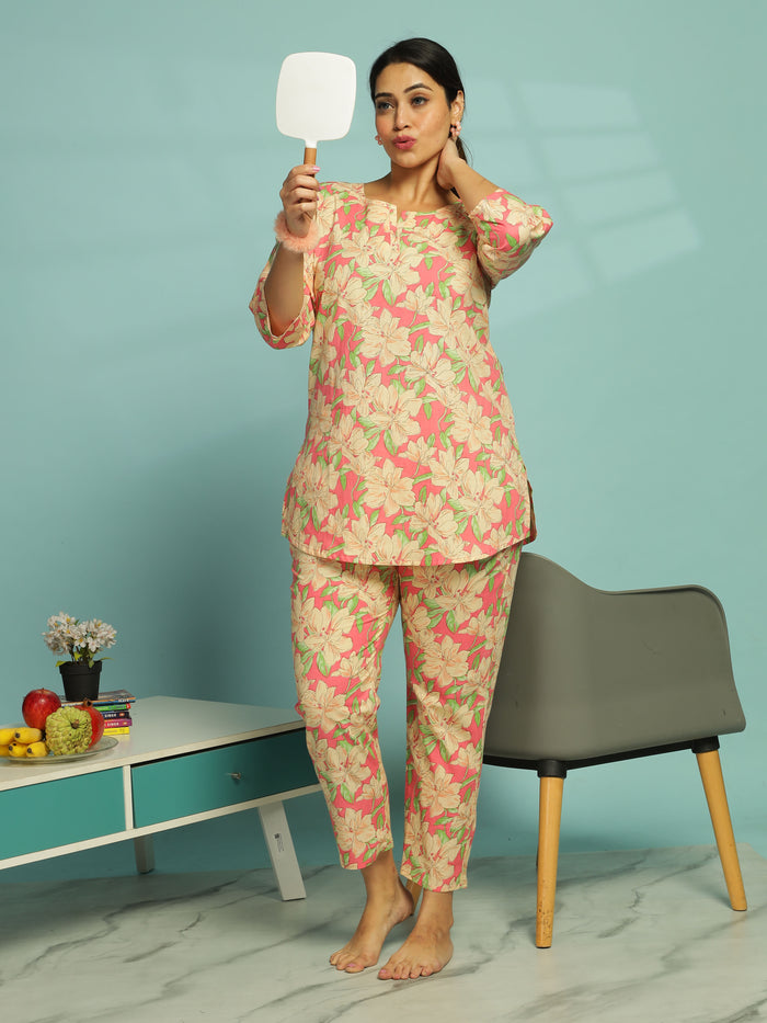 Stylish Soft Pink Cotton Pajama Set for Women