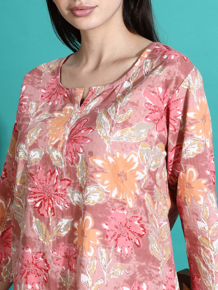 Chic Pink Orange Floral Cotton Women's Pyjama Set