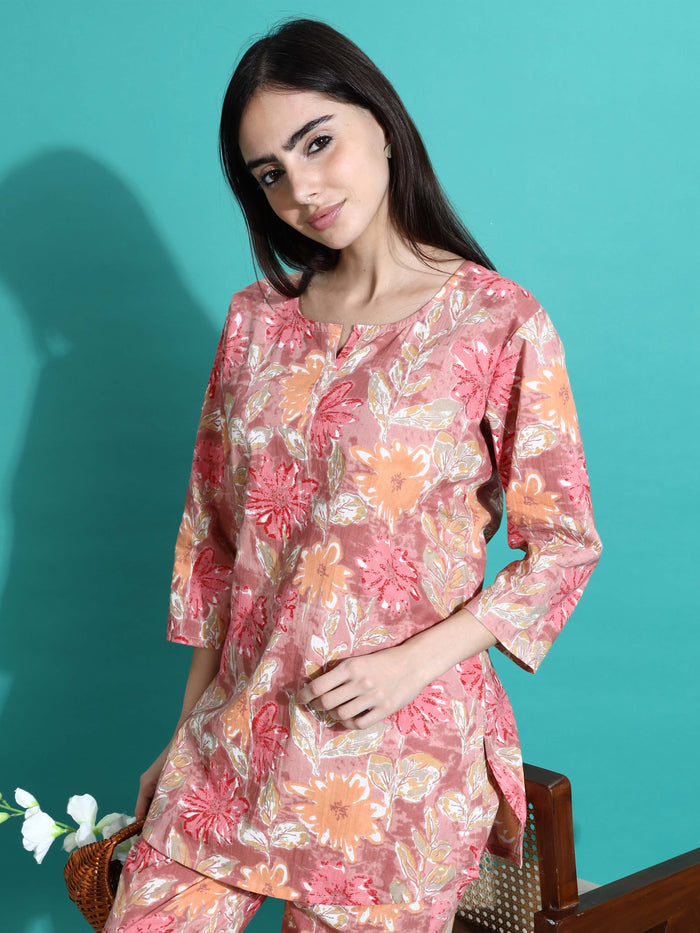 Chic Pink Orange Floral Cotton Women's Pyjama Set