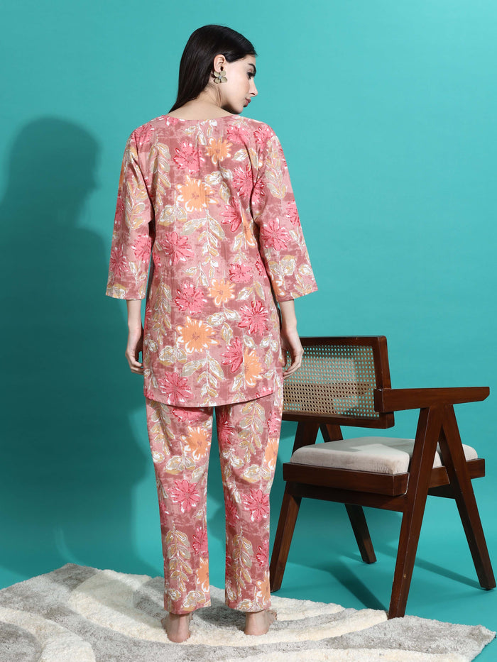 Chic Pink Orange Floral Cotton Women's Pyjama Set
