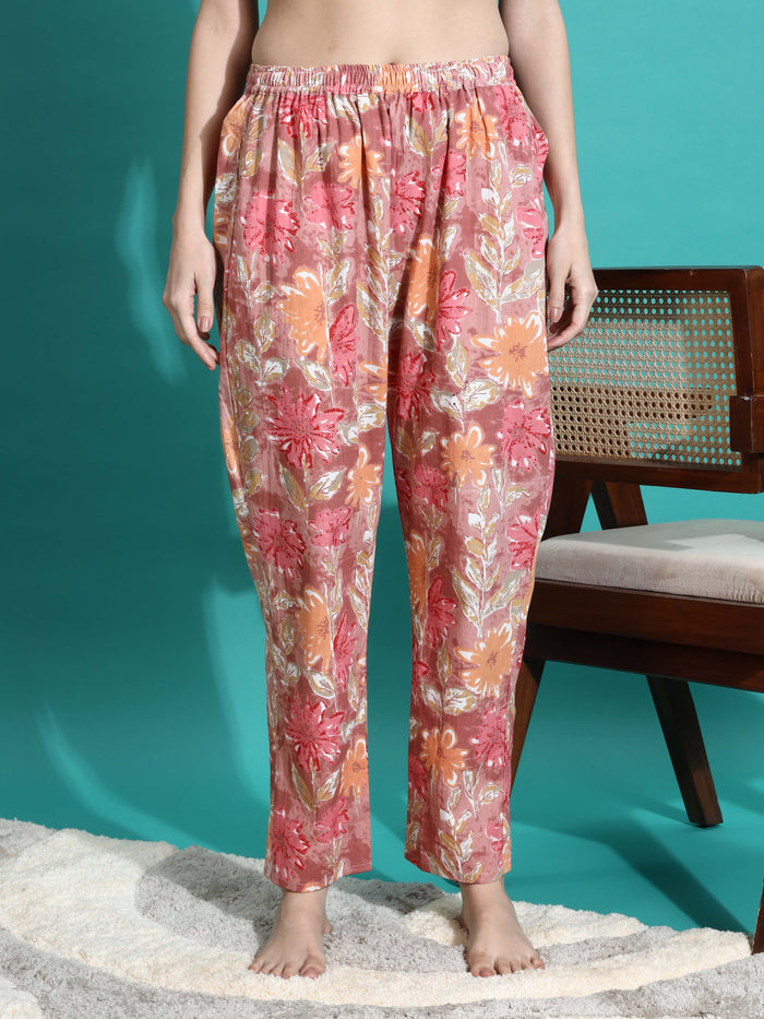 Chic Pink Orange Floral Cotton Women's Pyjama Set
