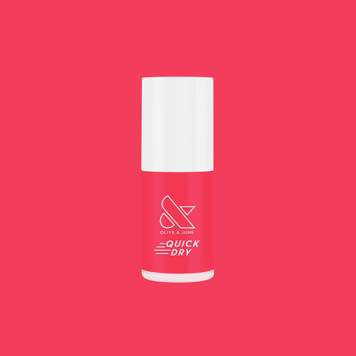 Pomodoro quick dry nail polish bottle in vibrant pinky-tomato red shade on matching solid background