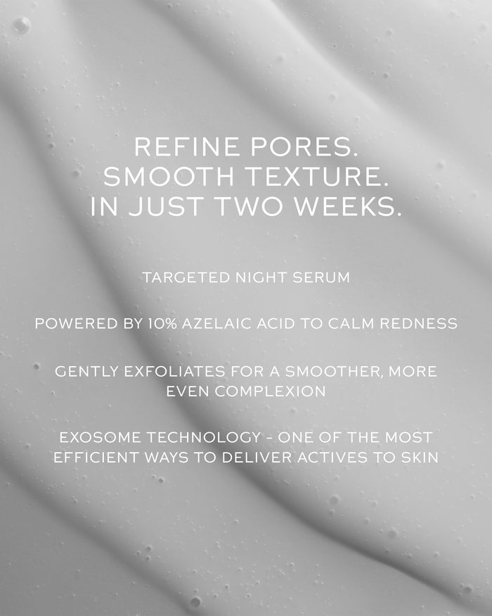 Text on a gray textured background about a targeted night serum with azelaic acid.