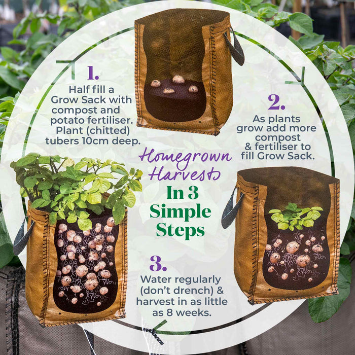 Instructions for using a Grow Sack with plants and text overlay on a natural background.